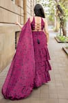 Shop_Essay by Sumedha Agrawal_Wine Shantoon Hand Embroidered Floral Print Pre-draped Ruffle Saree With Blouse _at_Aza_Fashions