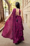 Essay by Sumedha Agrawal_Wine Shantoon Hand Embroidered Floral Print Pre-draped Ruffle Saree With Blouse _Online_at_Aza_Fashions