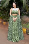 Essay by Sumedha Agrawal_Green Organza Satin Hand Embroidered Pearls Floral Print Lehenga Blouse Set _at_Aza_Fashions