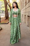 Buy_Essay by Sumedha Agrawal_Green Shantoon Hand Embroidered Pearls Floral Print Skirt Set With Jacket _at_Aza_Fashions