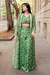 Buy_Essay by Sumedha Agrawal_Green Organza Satin Hand Embroidered Pearls Floral Print Pant Set With Jacket _at_Aza_Fashions