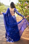 Shop_Essay by Sumedha Agrawal_Blue Organza Satin Hand Embroidered Mirror Work V-neck Lehenga Blouse Set _at_Aza_Fashions