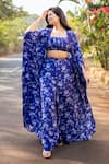 Buy_Essay by Sumedha Agrawal_Blue Shantoon Hand Embroidered Mirror Work Floral Print Pant Set With Cape _at_Aza_Fashions