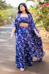 Shop_Essay by Sumedha Agrawal_Blue Shantoon Hand Embroidered Mirror Work Floral Print Pant Set With Cape _Online_at_Aza_Fashions