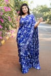 Buy_Essay by Sumedha Agrawal_Blue Shantoon Printed Floral Square Pre-draped Ruffle Saree Set _at_Aza_Fashions