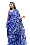 Essay by Sumedha Agrawal_Blue Shantoon Printed Floral Square Pre-draped Ruffle Saree Set _Online_at_Aza_Fashions