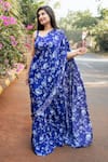 Buy_Essay by Sumedha Agrawal_Blue Shantoon Printed Floral Square Pre-draped Ruffle Saree Set _Online_at_Aza_Fashions