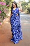 Shop_Essay by Sumedha Agrawal_Blue Shantoon Printed Floral Square Pre-draped Ruffle Saree Set 