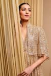 Shop_Tarun Tahiliani_Gold Tulle Hand Embroidery Sequin Stand Collar Architecture Motif Cape _Online_at_Aza_Fashions