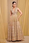 Buy_Tarun Tahiliani_Gold Tulle Hand Embroidery Sequin V Neck Architecture Motif Jumpsuit _at_Aza_Fashions