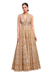 Buy_Tarun Tahiliani_Gold Tulle Hand Embroidery Sequin V Neck Architecture Motif Jumpsuit _Online_at_Aza_Fashions