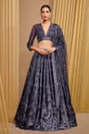 Buy_Tarun Tahiliani_Blue Tulle Embroidery Scallop Plunging Neck Lehenga Set _at_Aza_Fashions