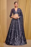 Tarun Tahiliani_Blue Tulle Embroidery Scallop Plunging Neck Lehenga Set _Online_at_Aza_Fashions