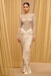 Buy_Tarun Tahiliani_Ivory Bodysuit Tulle Hand Embroidery Flower Vine Round Neck Sheer _at_Aza_Fashions