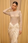 Tarun Tahiliani_Ivory Bodysuit Tulle Hand Embroidery Flower Vine Round Neck Sheer _Online_at_Aza_Fashions