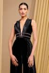 Tarun Tahiliani_Black Velvet Plain Plunging Neck Cut-out Jumpsuit _Online_at_Aza_Fashions