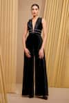 Buy_Tarun Tahiliani_Black Velvet Plain Plunging Neck Cut-out Jumpsuit _at_Aza_Fashions