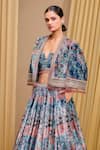 Tarun Tahiliani_Blue Silk Velvet Print Signature Abstract Cape Front Open Lehenga And Set _Online_at_Aza_Fashions