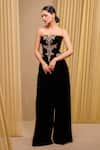 Buy_Tarun Tahiliani_Black Velvet Embroidery Crystal Notched Corset And Trouser Set _at_Aza_Fashions