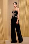 Tarun Tahiliani_Black Velvet Embroidery Crystal Notched Corset And Trouser Set _Online_at_Aza_Fashions