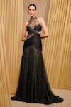 Buy_Tarun Tahiliani_Black Crinkle Tulle Embroidery Crystal Round High Neck Sculpted Jewelled Gown _at_Aza_Fashions