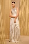 Buy_Tarun Tahiliani_Ivory Foil Jersey Plain Pattern Draped Trouser _at_Aza_Fashions