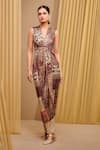 Buy_Tarun Tahiliani_Brown Foil Jersey Embellished Crystal Plunge V Neck Draped Dress _at_Aza_Fashions