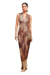 Tarun Tahiliani_Brown Foil Jersey Embellished Crystal Plunge V Neck Draped Dress _Online_at_Aza_Fashions