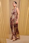 Buy_Tarun Tahiliani_Brown Foil Jersey Embellished Crystal Plunge V Neck Draped Dress _Online_at_Aza_Fashions