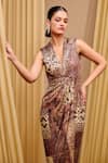 Tarun Tahiliani_Brown Foil Jersey Embellished Crystal Plunge V Neck Draped Dress _at_Aza_Fashions