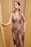 Buy_Tarun Tahiliani_Brown Foil Jersey Embellished Crystal Plunge V Neck Draped Dress 