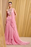 Buy_Tarun Tahiliani_Pink Silk Chiffon Embellished Crystal Draped Concept Saree With Blouse _at_Aza_Fashions