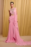 Tarun Tahiliani_Pink Silk Chiffon Embellished Crystal Draped Concept Saree With Blouse _at_Aza_Fashions