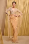 Buy_Tarun Tahiliani_Gold Blouse Tulle Embellished Crystal Plunge V Neck Saree With _at_Aza_Fashions