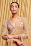 Tarun Tahiliani_Gold Blouse Tulle Embellished Crystal Plunge V Neck Saree With _Online_at_Aza_Fashions