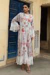 Buy_Sage Saga_Blue Mul Printed Floral Round Barkha Fringed Kaftan _at_Aza_Fashions