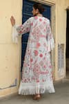 Shop_Sage Saga_Blue Mul Printed Floral Round Barkha Fringed Kaftan _at_Aza_Fashions