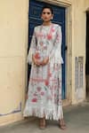 Sage Saga_Blue Mul Printed Floral Round Barkha Fringed Kaftan _Online_at_Aza_Fashions