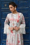 Sage Saga_Blue Mul Printed Floral Round Barkha Fringed Kaftan _at_Aza_Fashions