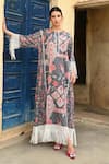 Buy_Sage Saga_Grey Mul Printed Floral Round Barkha Fringed Kaftan _at_Aza_Fashions