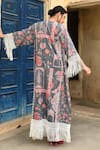 Shop_Sage Saga_Grey Mul Printed Floral Round Barkha Fringed Kaftan _at_Aza_Fashions