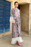 Buy_Sage Saga_Grey Mul Printed Floral Round Barkha Fringed Kaftan _Online_at_Aza_Fashions