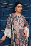 Sage Saga_Grey Mul Printed Floral Round Barkha Fringed Kaftan _at_Aza_Fashions