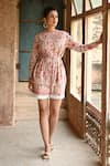 Sage Saga_Pink Mul Printed Floral Band Collar Barkha Shirt With Shorts _at_Aza_Fashions