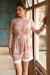 Shop_Sage Saga_Pink Mul Printed Floral Band Collar Barkha Shirt With Shorts 