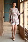 Sage Saga_Blue Mul Printed Floral Band Collar Barkha Scalloped Shirt With Shorts _Online_at_Aza_Fashions