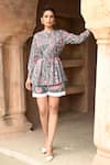 Sage Saga_Grey Mul Printed Floral Band Collar Barkha Scalloped Shirt With Shorts _Online_at_Aza_Fashions