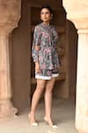 Shop_Sage Saga_Grey Mul Printed Floral Band Collar Barkha Scalloped Shirt With Shorts _Online_at_Aza_Fashions