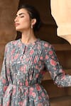 Buy_Sage Saga_Grey Mul Printed Floral Band Collar Barkha Scalloped Shirt With Shorts 