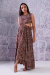 Buy_Label RaMa_Brown Cotton Hand Block Print Floral Round Side Cut-out Dress _at_Aza_Fashions